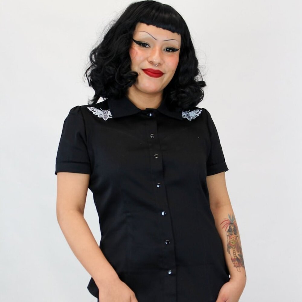 Halloween Day of the Dead Death Moth Black Western Rockabilly Women Top XS-3XL